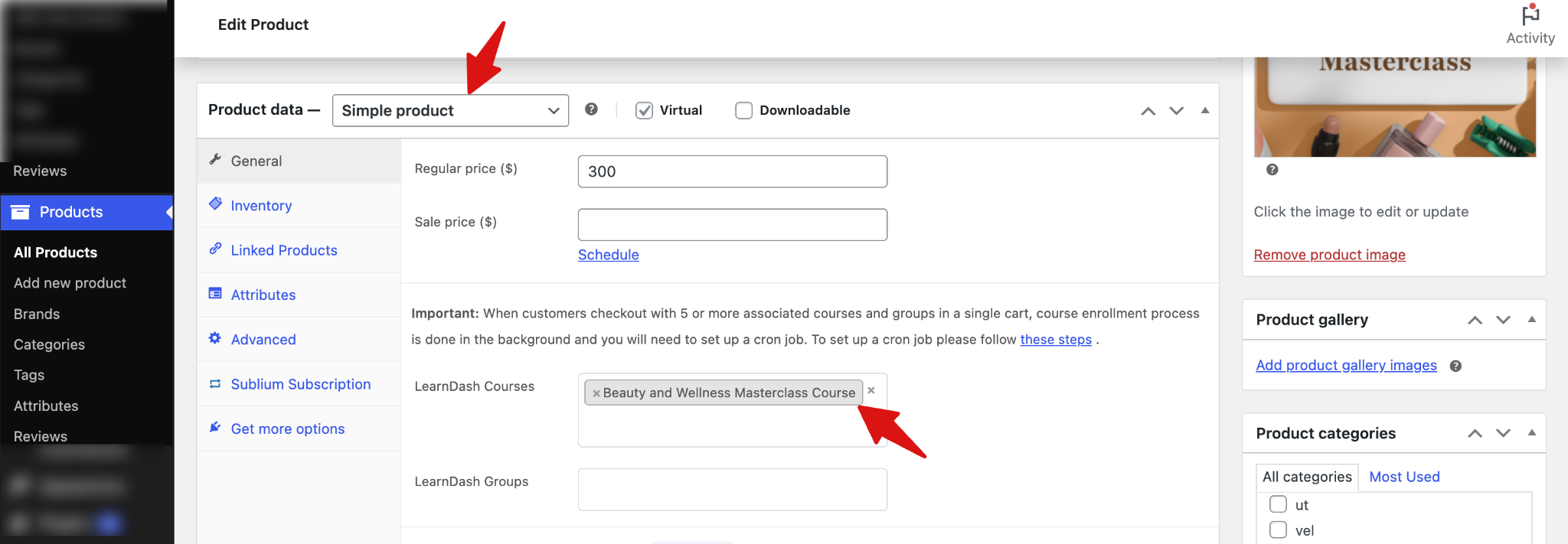 WooCommerce product setup screen linking LearnDash course to product