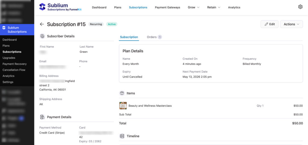 Subscriber details showing payment history and subscription information