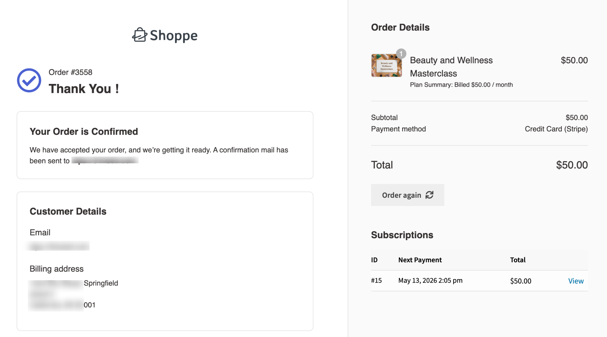Thank you page after successful LearnDash course subscription purchase