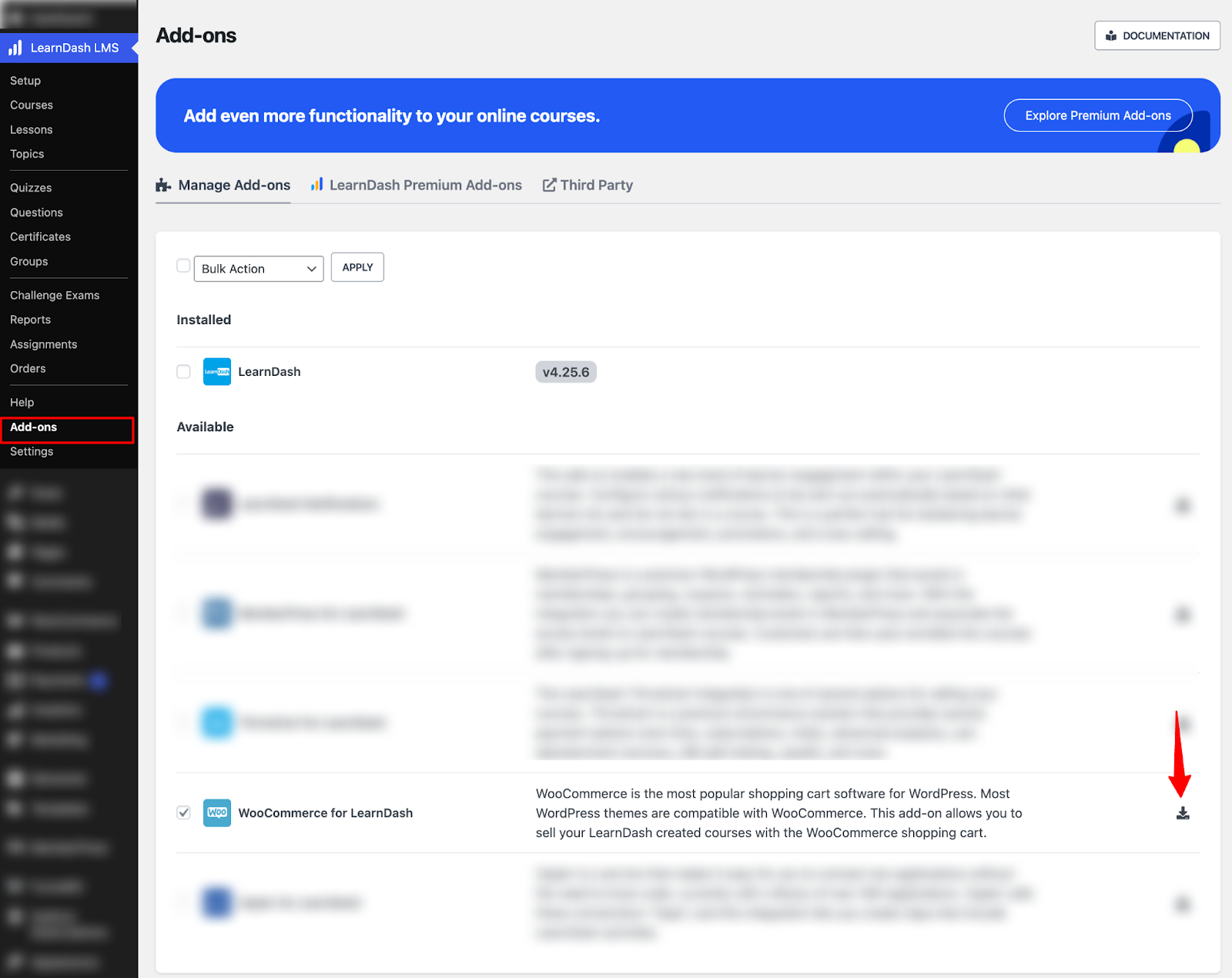 LearnDash WooCommerce add-on installation screen in WordPress dashboard
