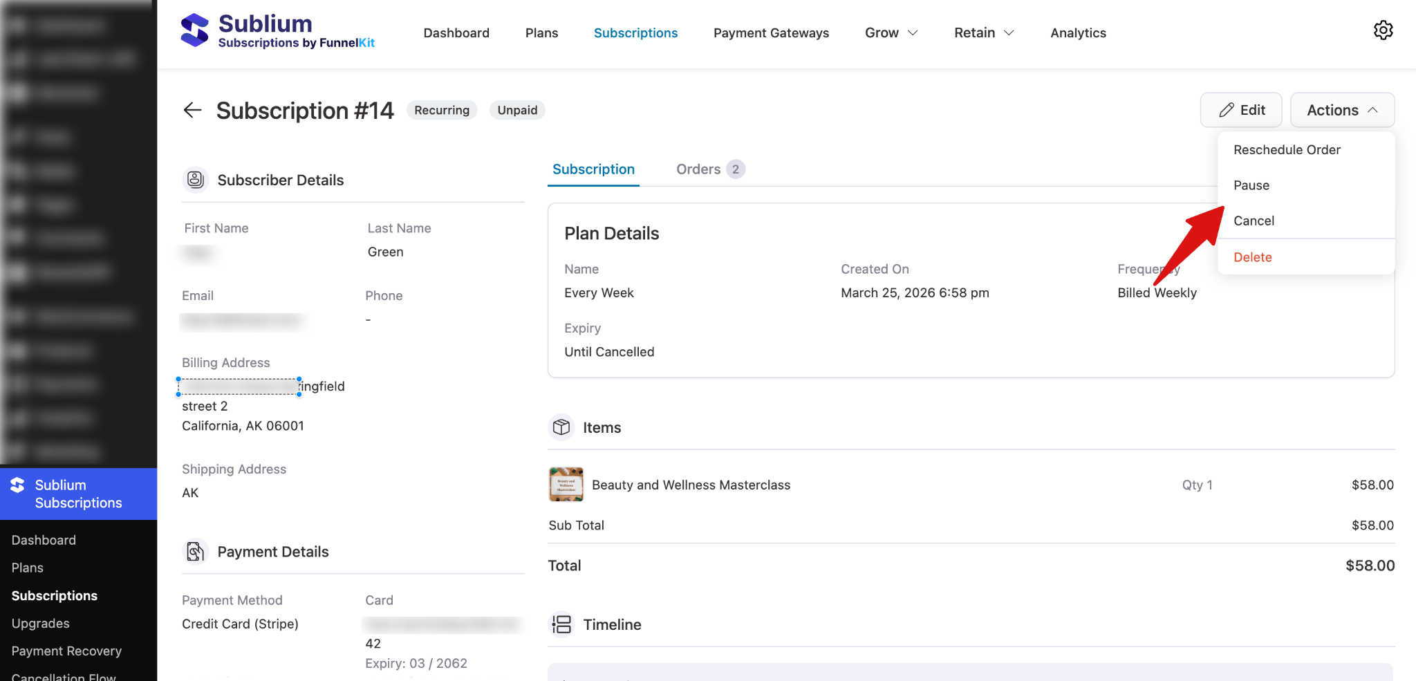 Subscription management actions like pause cancel renew in Sublium dashboard