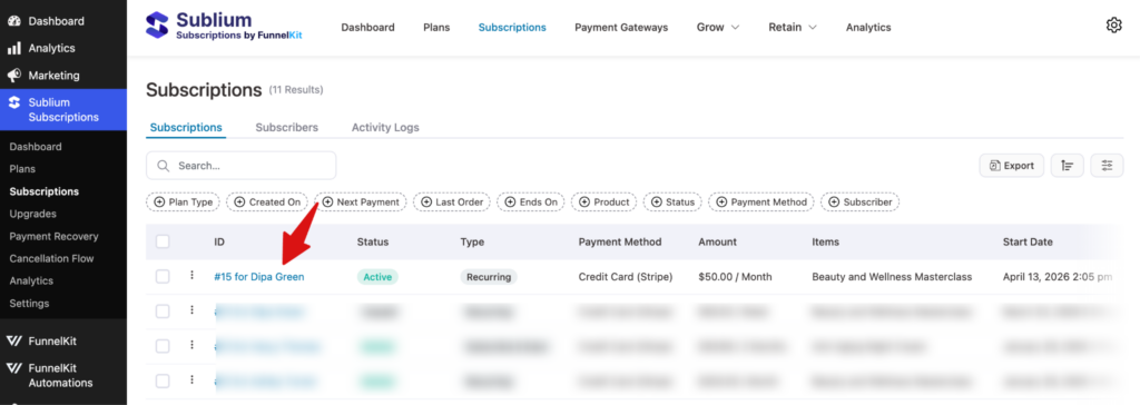 Detailed subscription view showing plan, billing and user information