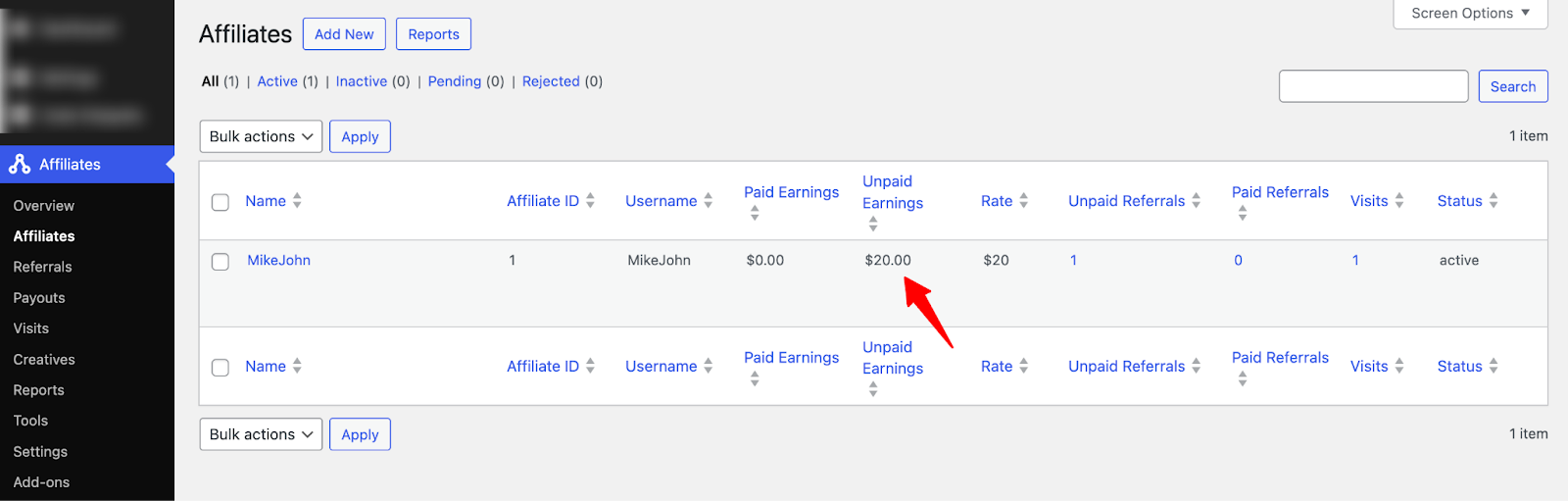 AffiliateWP dashboard showing affiliate earnings and unpaid referrals statistics overview