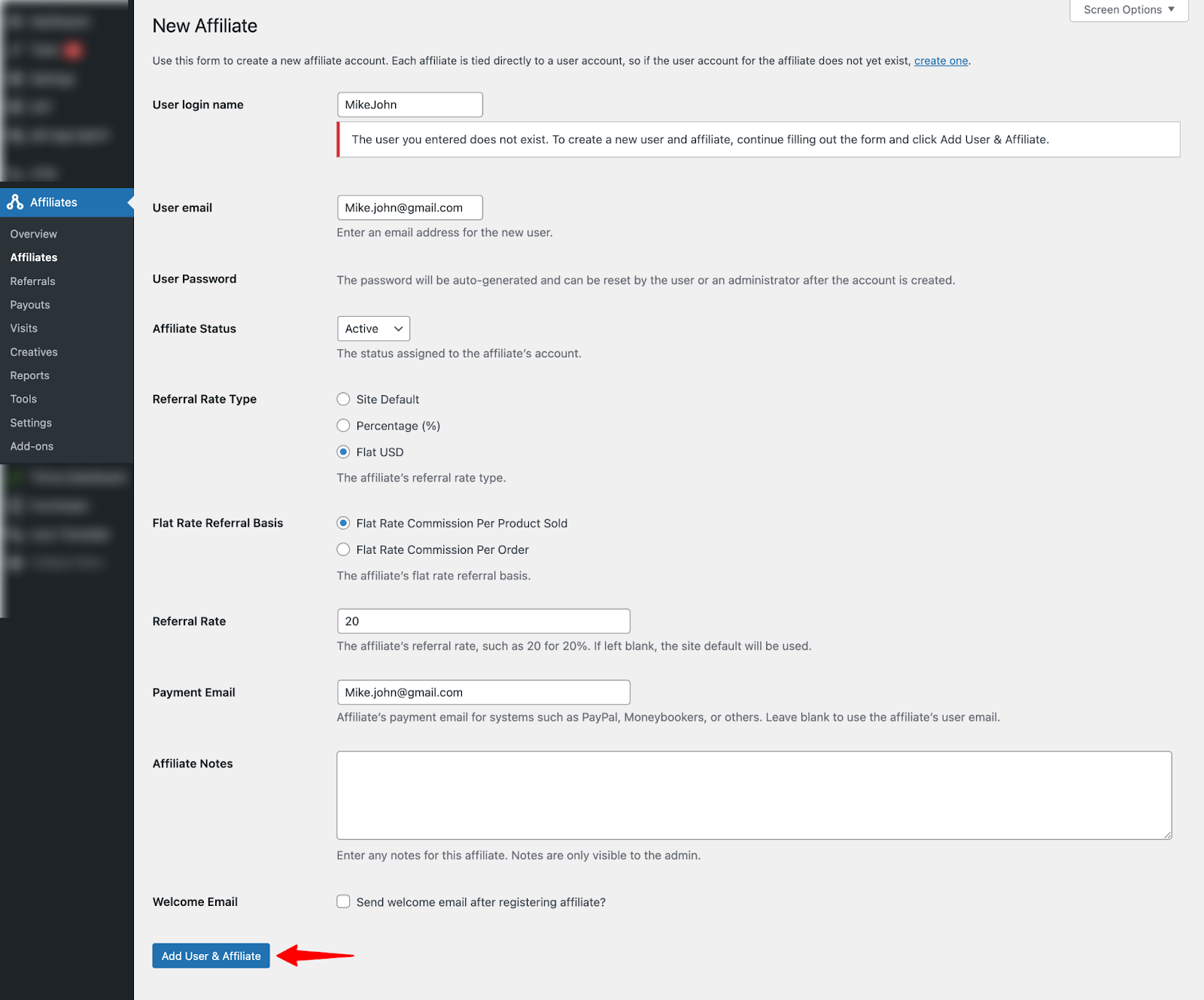 AffiliateWP add new affiliate form with user details, referral rate settings, and account creation fields