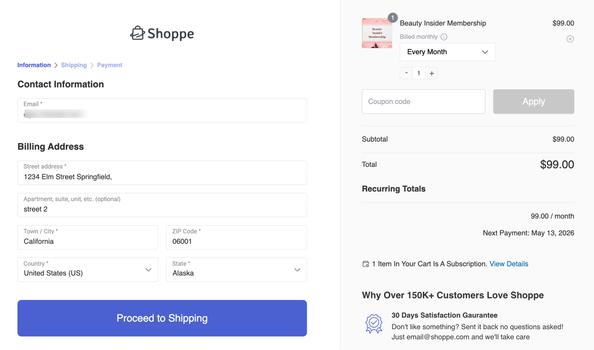 WooCommerce cart and checkout page showing subscription product purchase flow