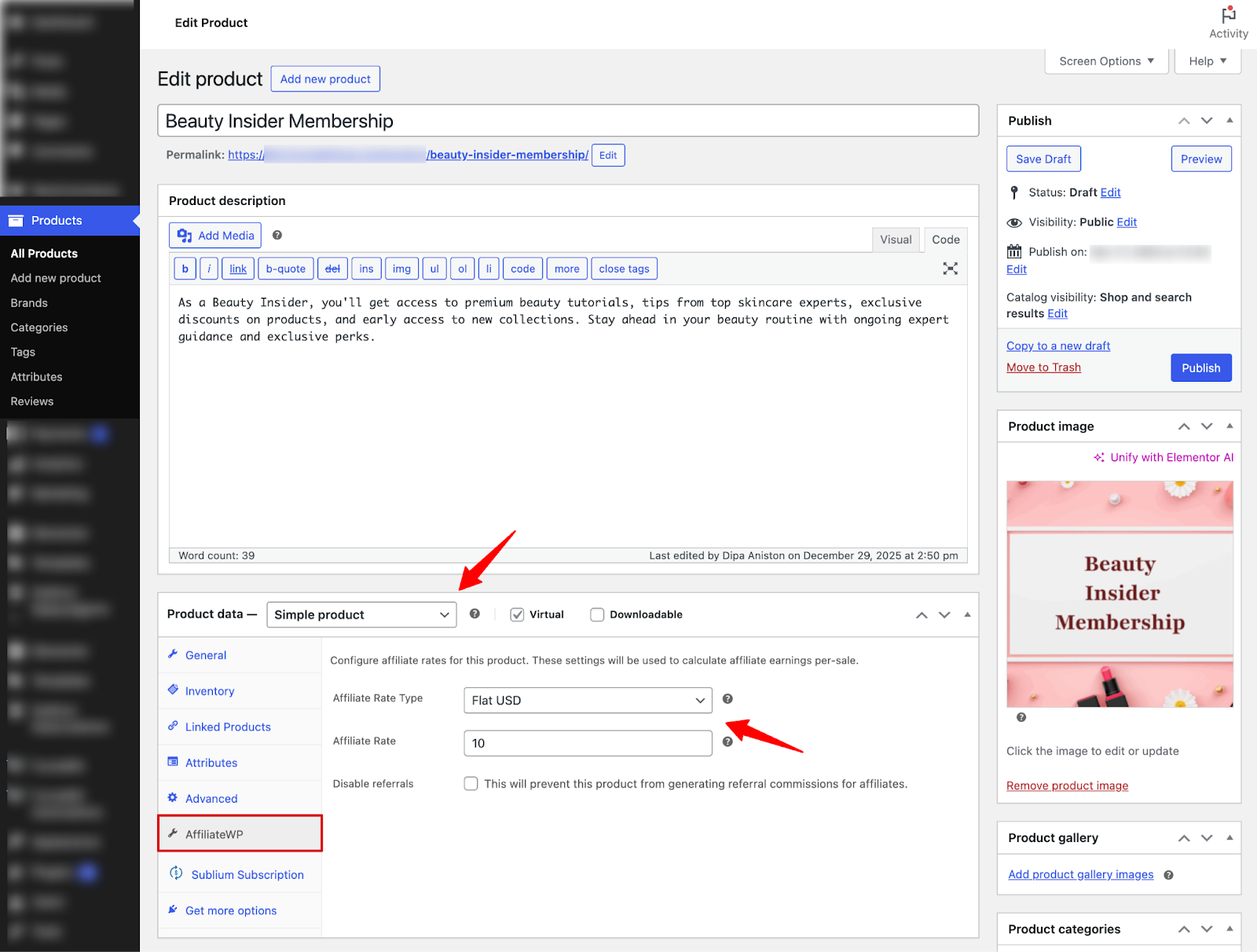 WooCommerce product edit screen showing AffiliateWP commission settings section for setting referral rates