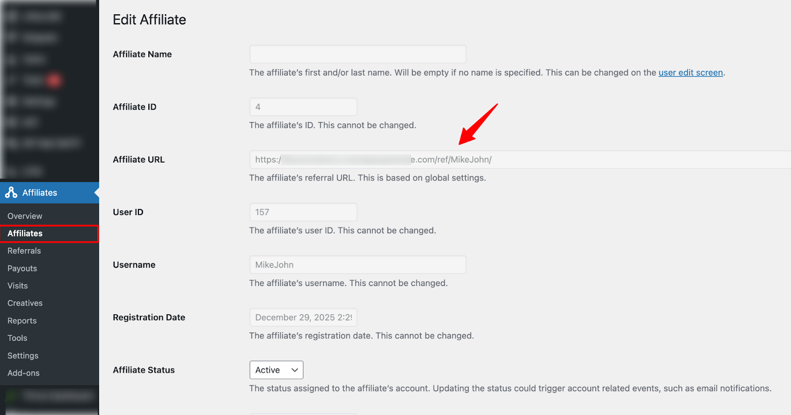 AffiliateWP affiliate profile page showing unique referral URL for sharing across platforms
