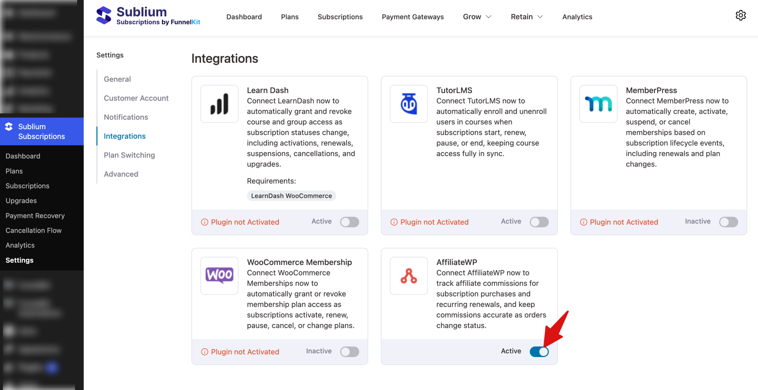 Sublium Subscriptions integrations page showing AffiliateWP activation toggle in settings