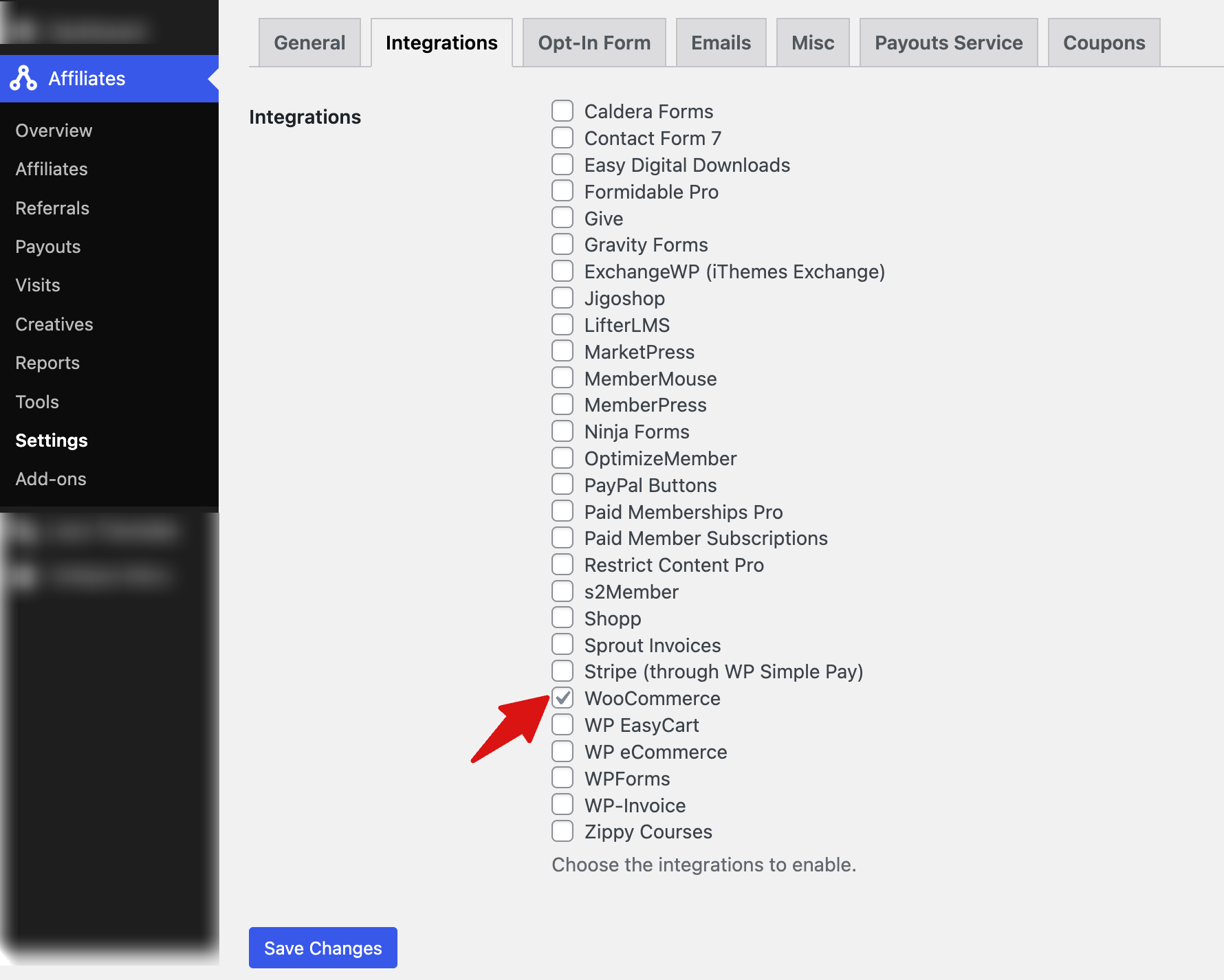 AffiliateWP integrations settings screen with WooCommerce integration enabled checkbox