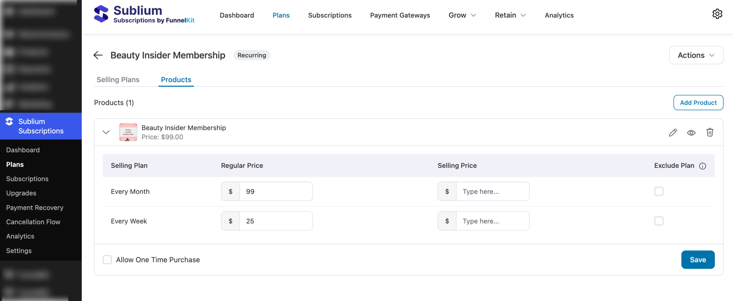 Sublium subscription plan creation screen showing product attachment and billing plan setup