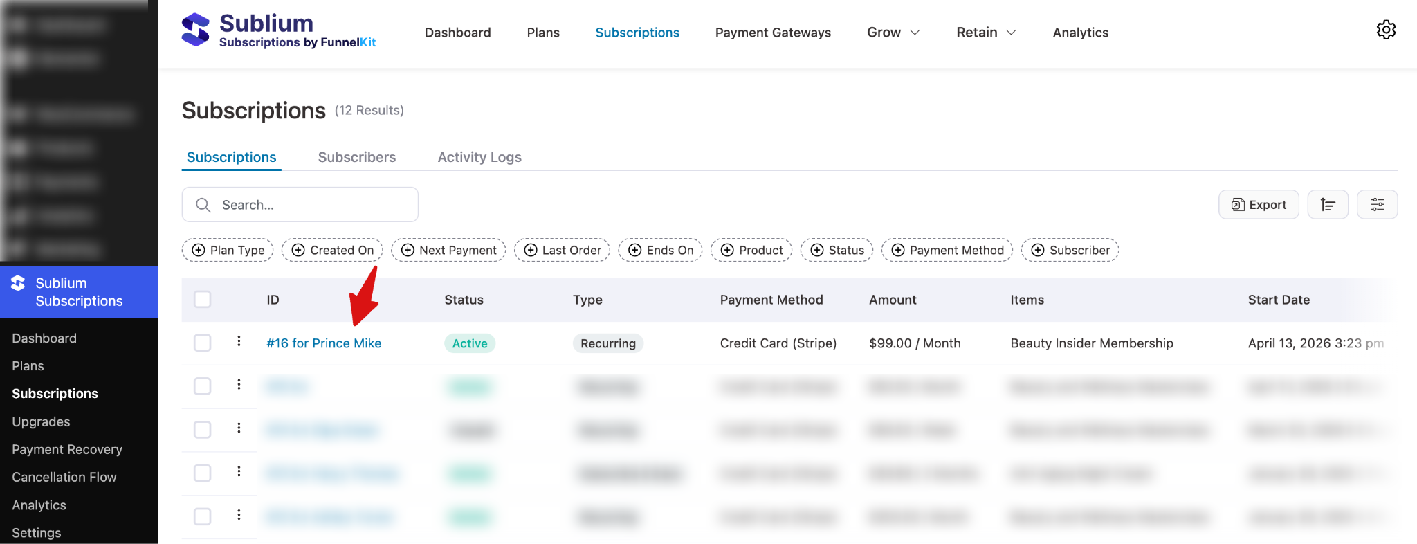 Sublium Subscriptions list showing active subscriptions and customer records