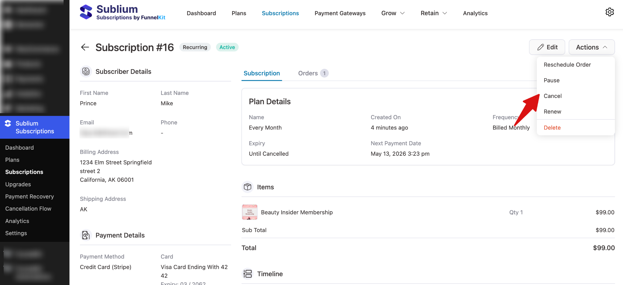 Sublium subscription management actions panel showing pause cancel renew and delete options