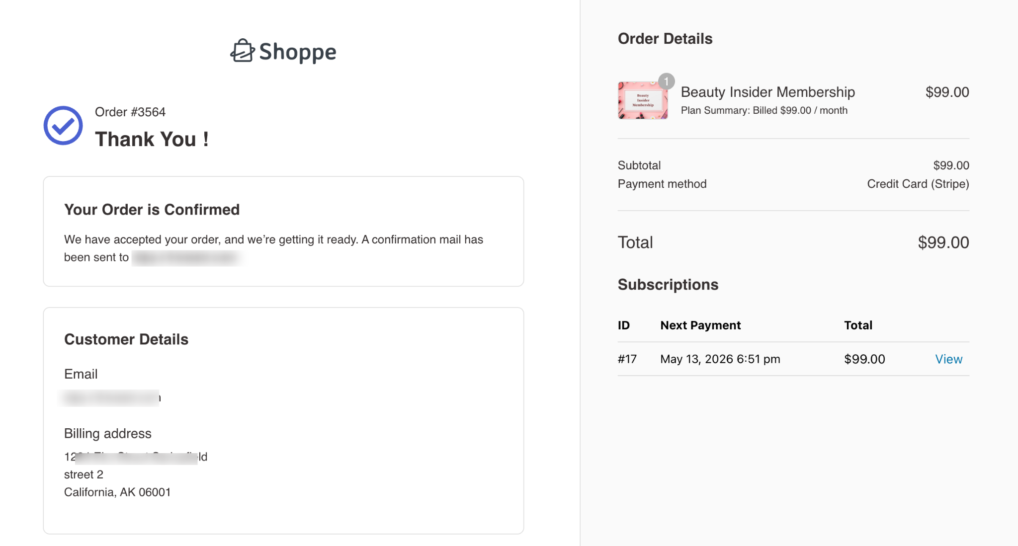 Order confirmation thank you page after successful membership purchase