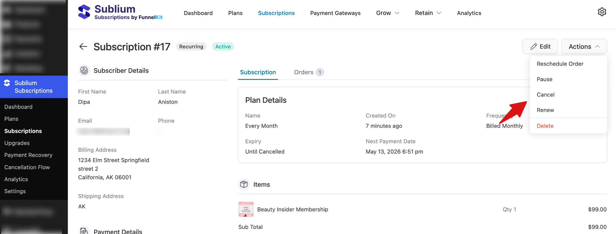Subscription management actions menu with pause, cancel, renew, and delete options