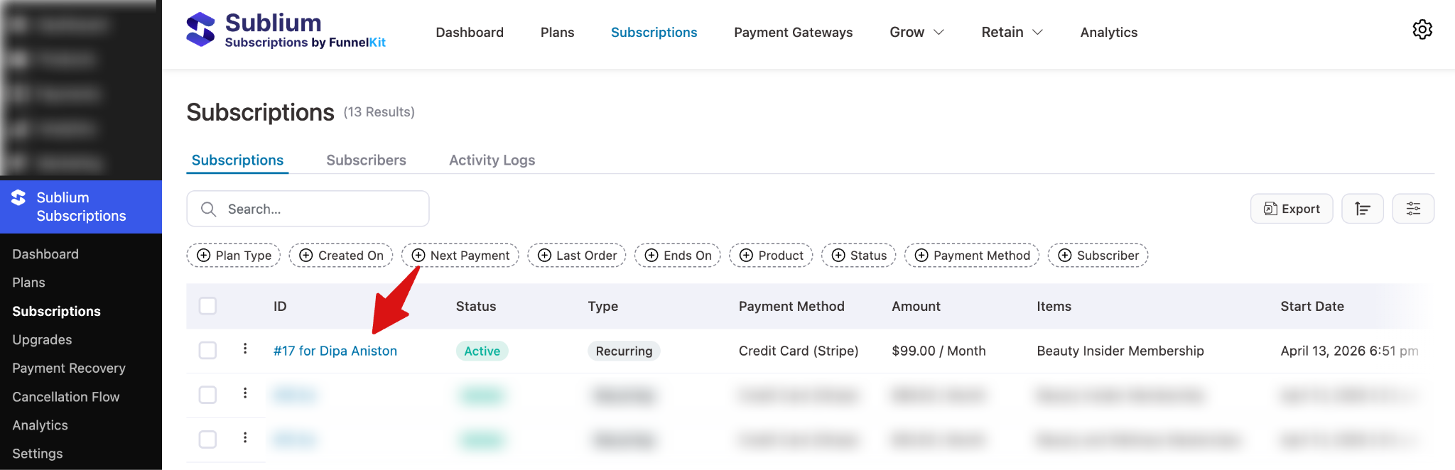 Sublium Subscriptions dashboard showing active subscription entries