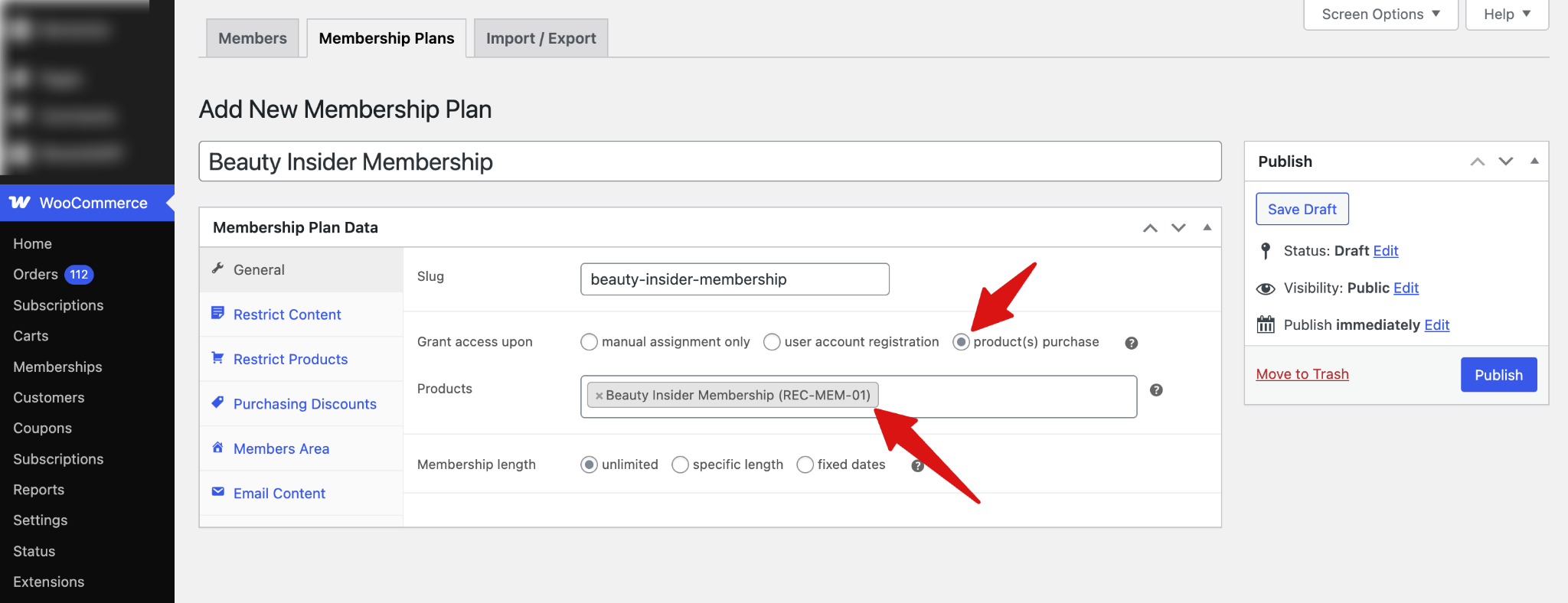 WooCommerce Memberships plan setup screen showing product assignment and restriction settings