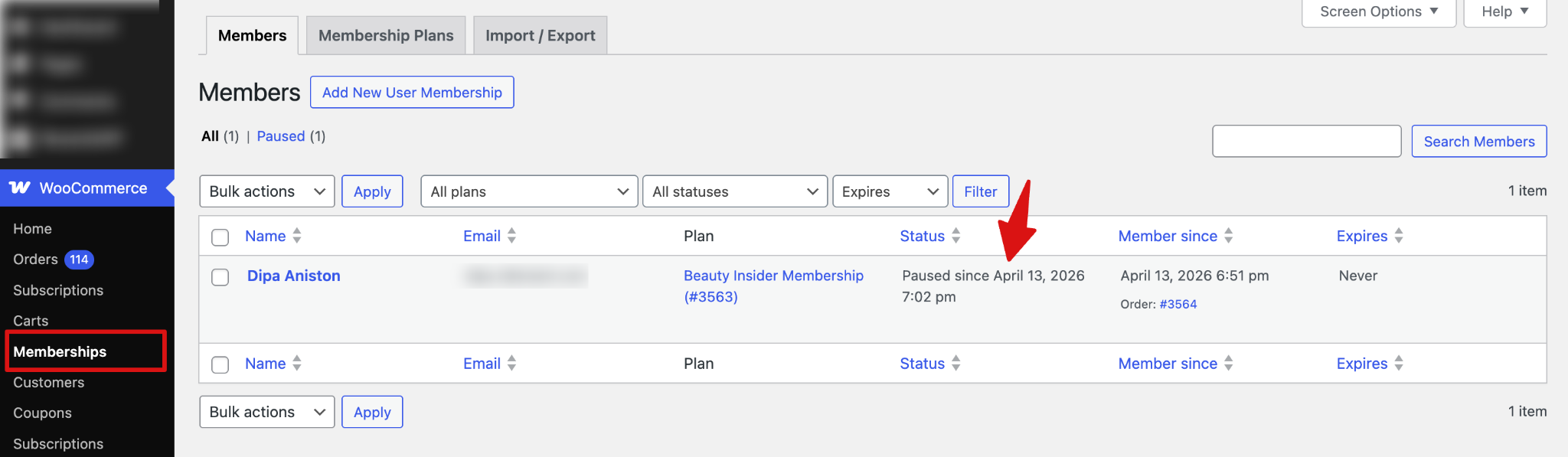 Membership status updated to paused in WooCommerce Memberships dashboard