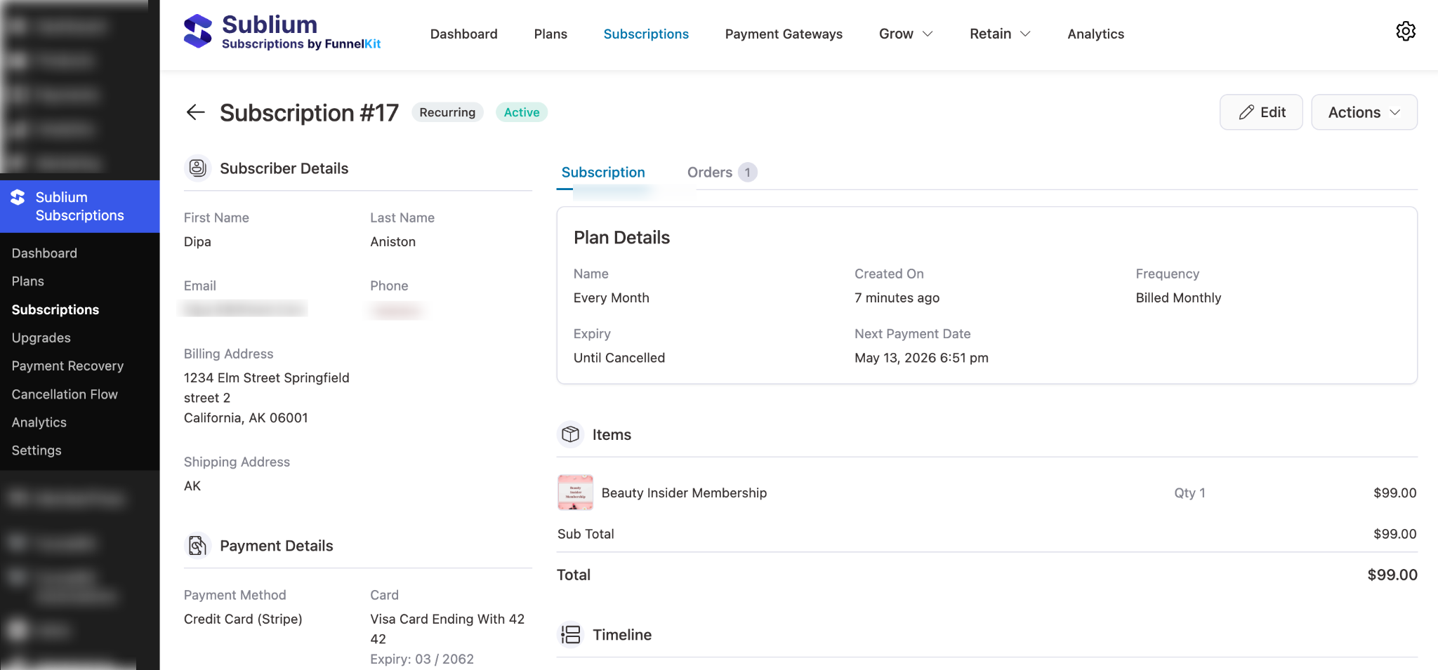 Subscription details page showing member, payment, and plan information