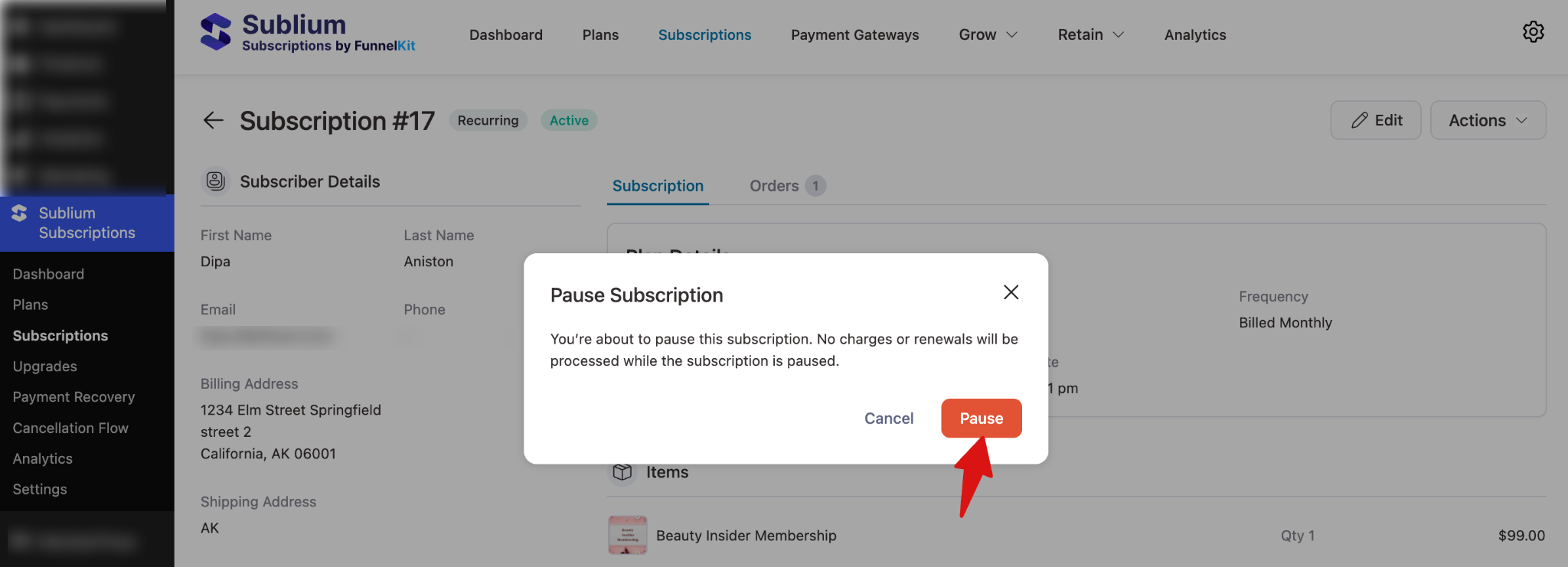 Subscription paused status shown in Sublium Subscriptions interface