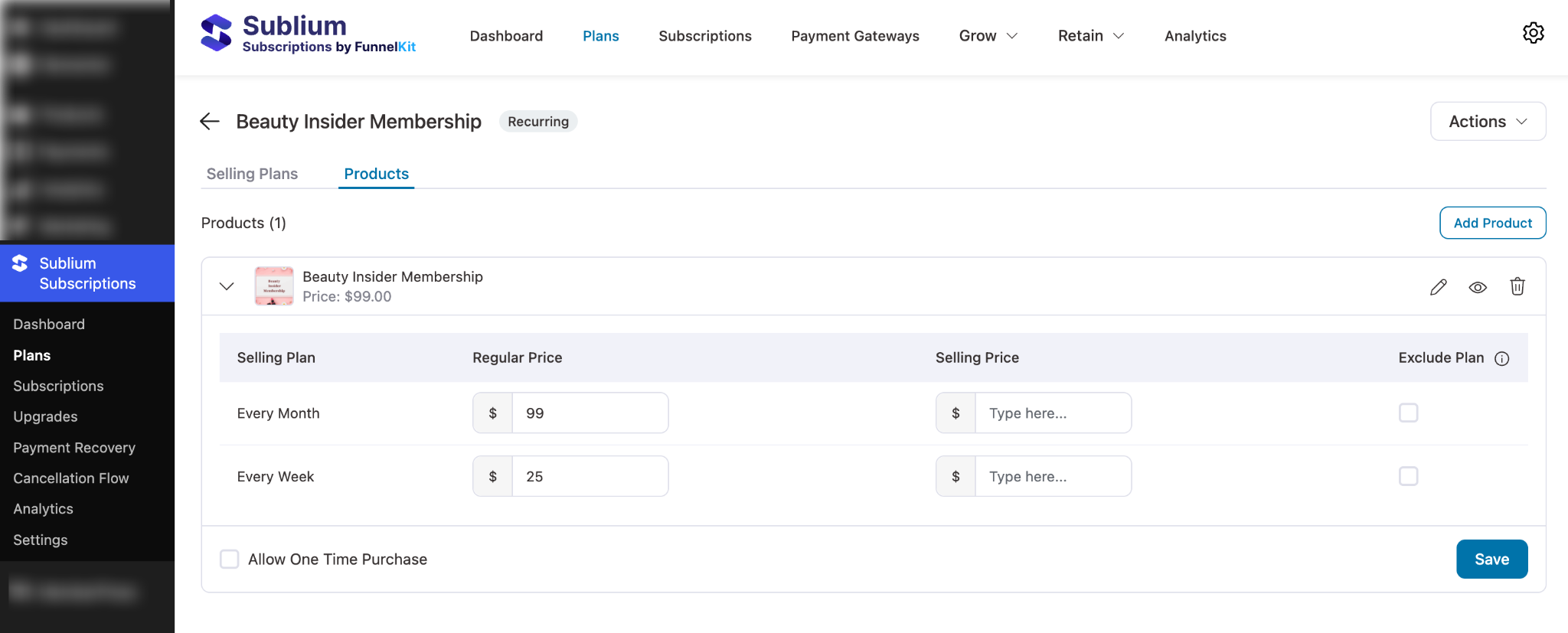 Sublium Subscriptions recurring plan setup showing pricing and membership product configuration