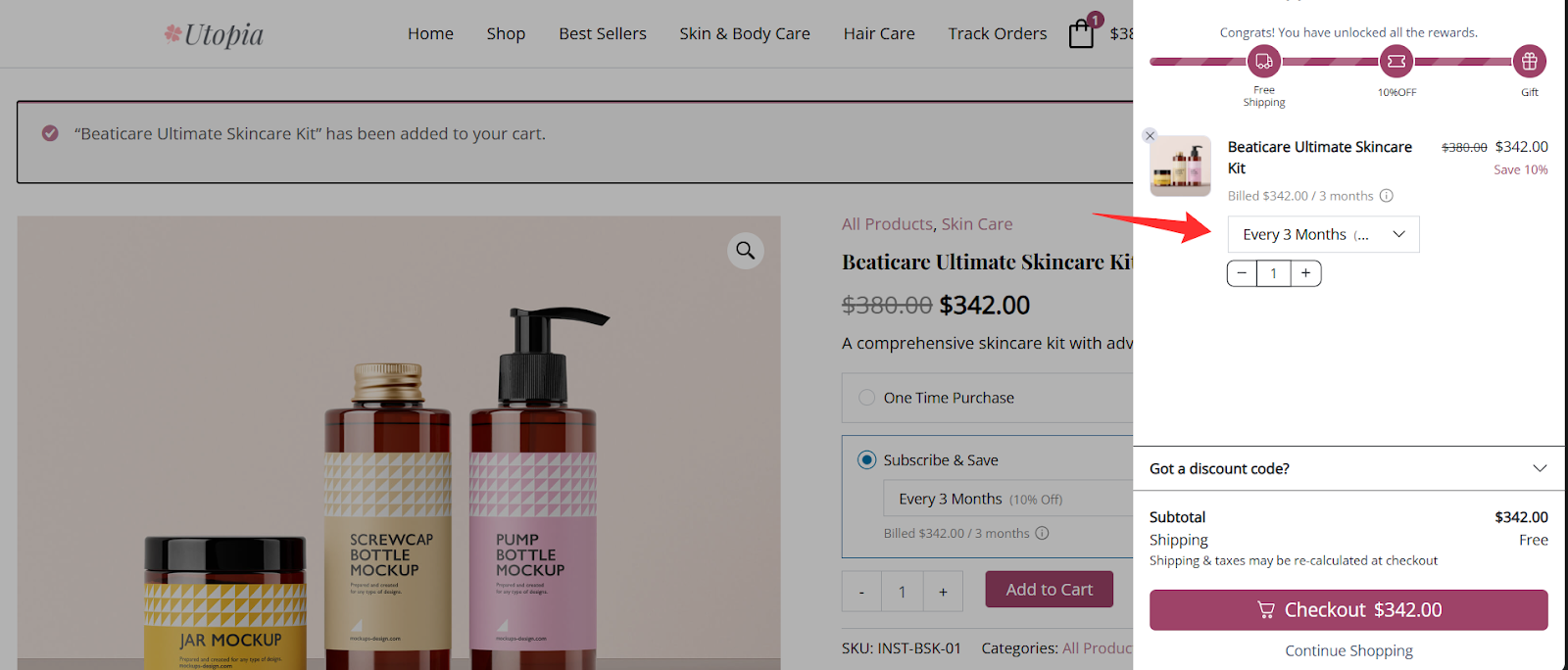Sliding cart showing product and selected subscription plan