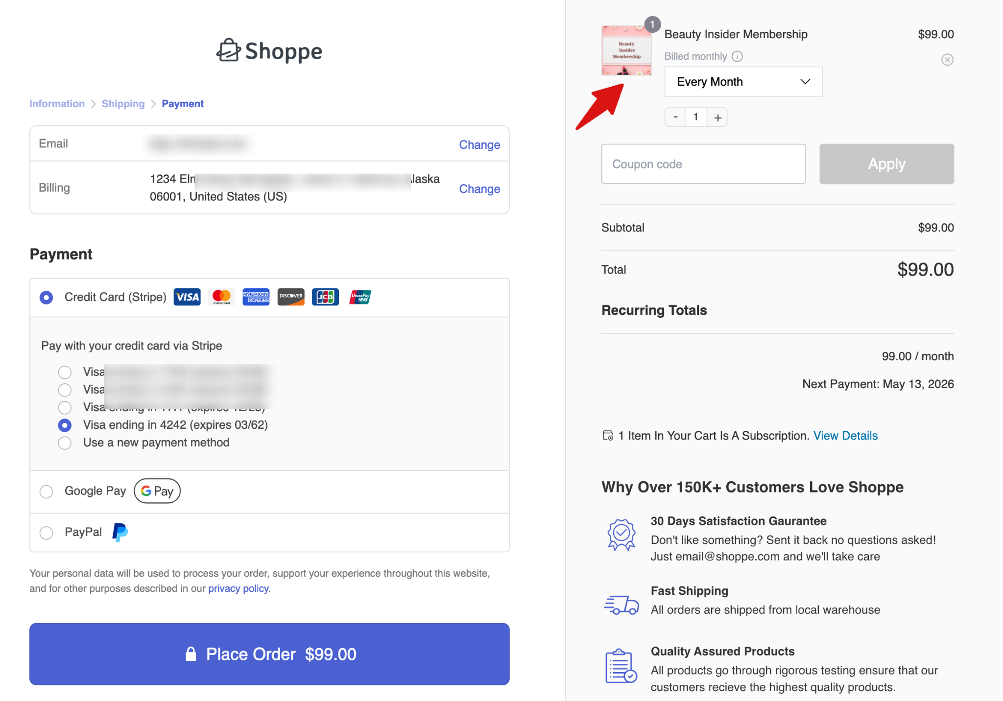 WooCommerce checkout page for membership purchase with order summary