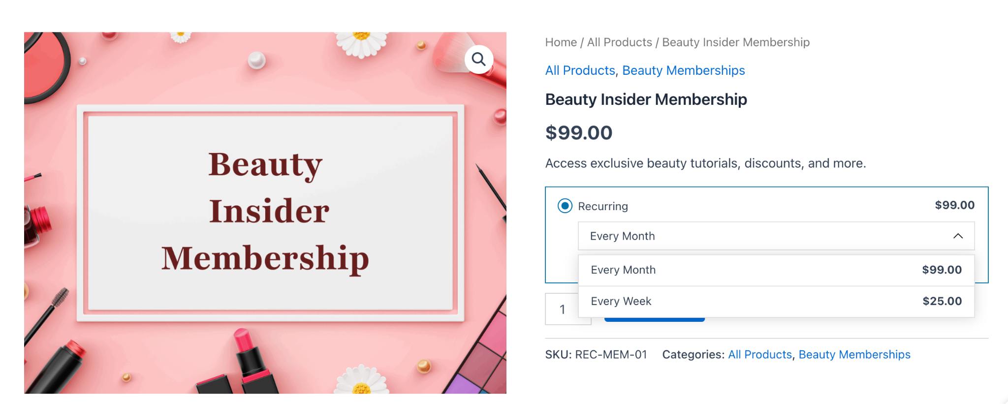 Front-end membership plan page showing available subscription billing options