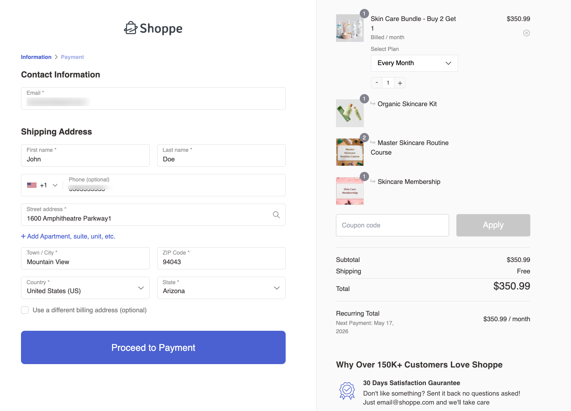 Checkout form for contact and shipping details on the left; cart summary on the right showing items and total.