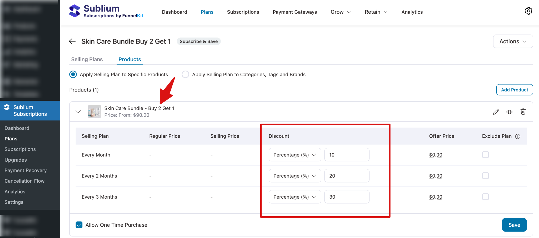 Skin Care Bundle – Buy 2 Get 1: shows discount options (10%, 20%, 30%) for each selling interval in a pricing table on Plans tab of Sublium Subscriptions UI.