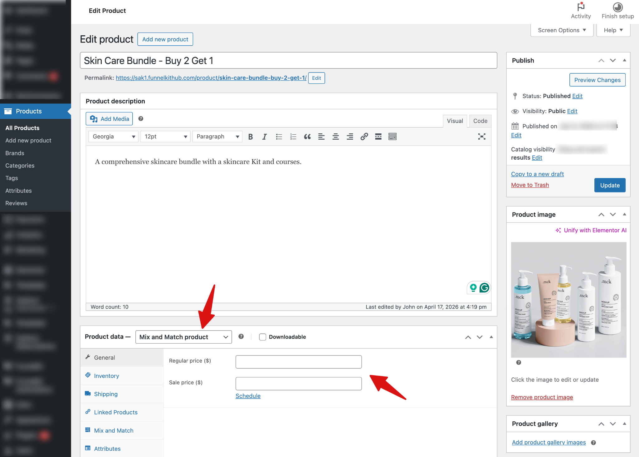 WooCommerce Edit Product screen showing the product title 'Skin Care Bundle - Buy 2 Get 1' and the Mix and Match product data panel with price fields accessible in the editor.