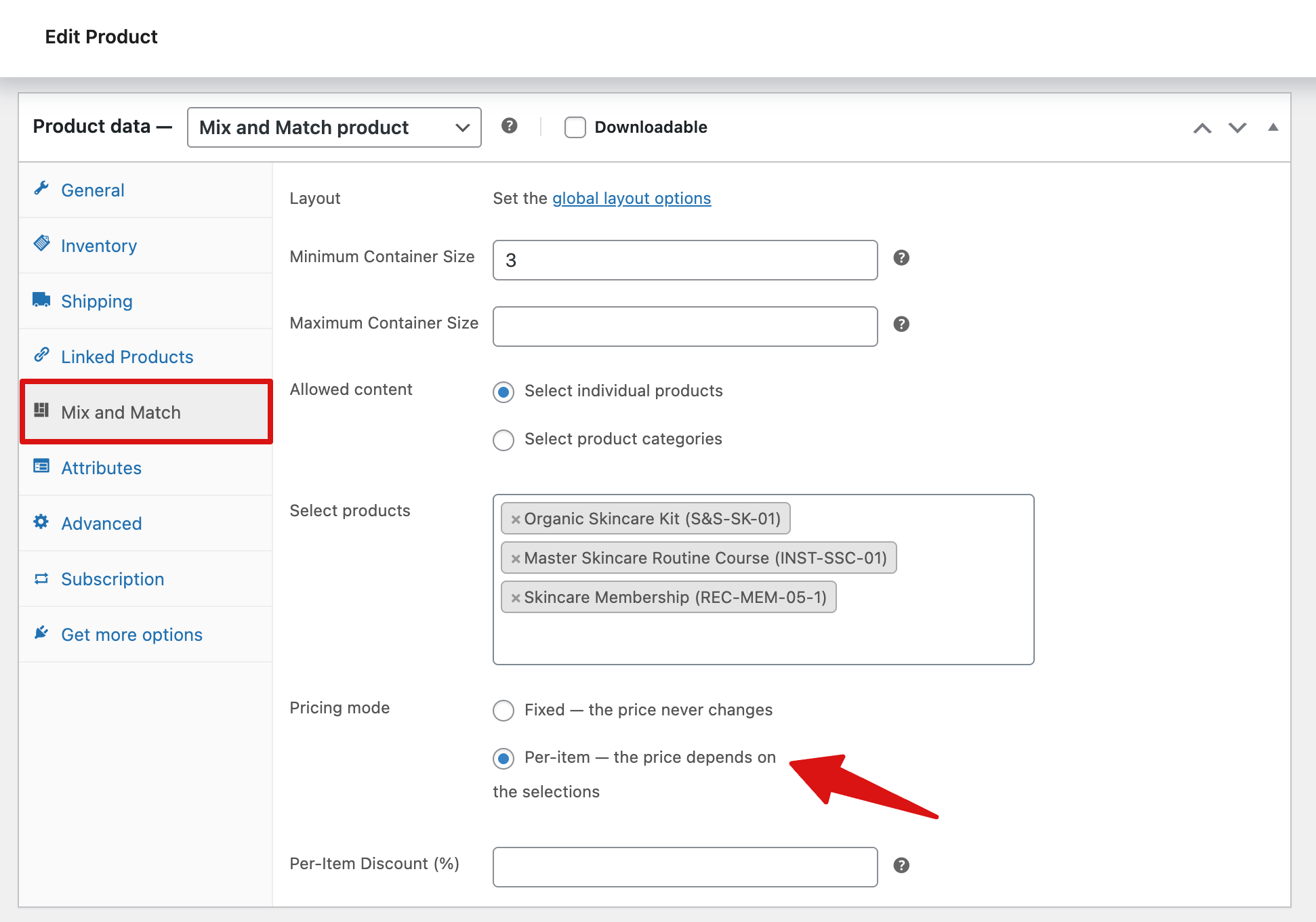 Product edit screen showing Mix and Match settings: minimum container size 3, allowed content set to individual products, with three selected items listed and pricing mode set to Per-item.