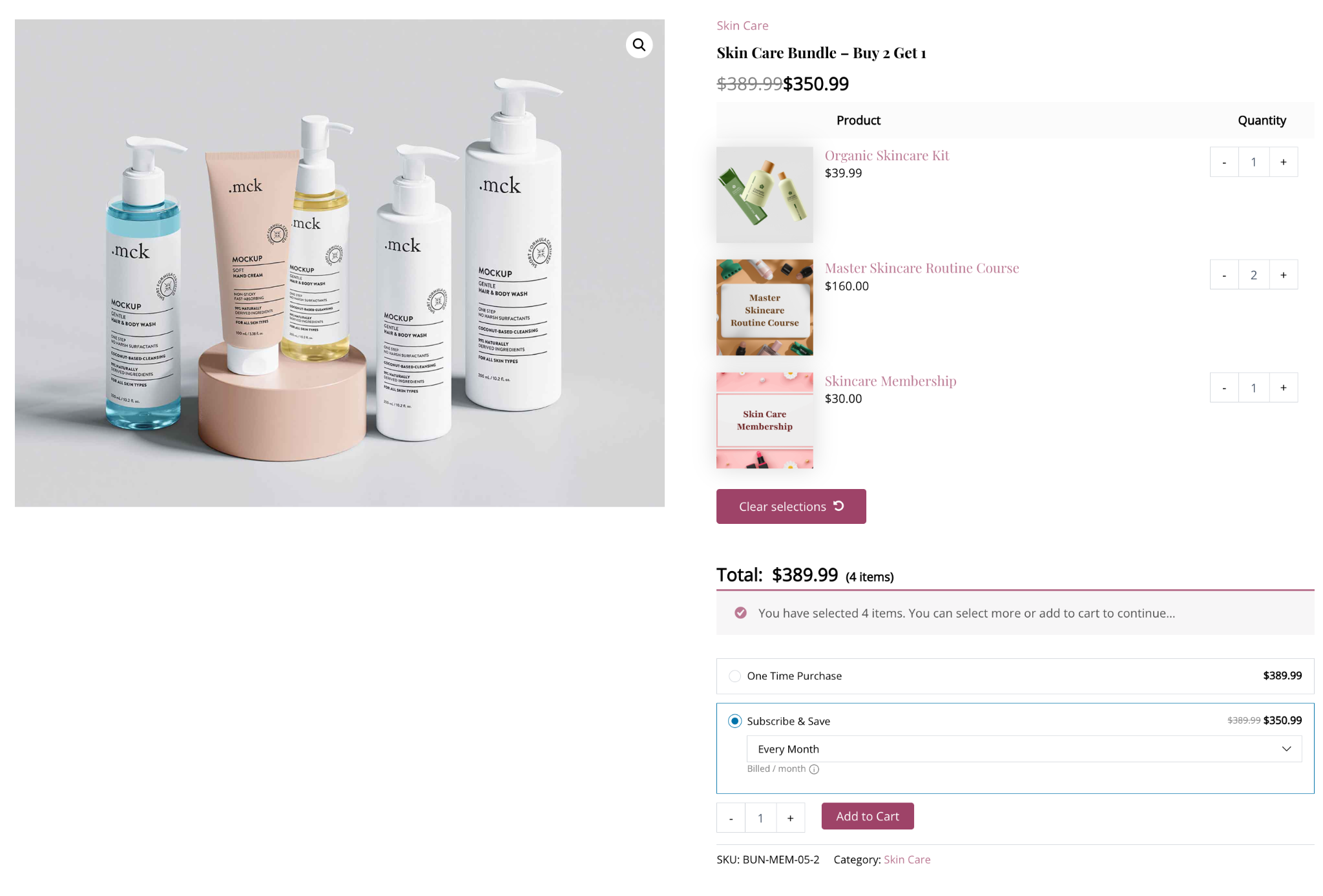 Photo of a skincare bundle: assorted white and clear bottles and a pink tube arranged on a light gray backdrop, shown as a buy-2-get-1 set.