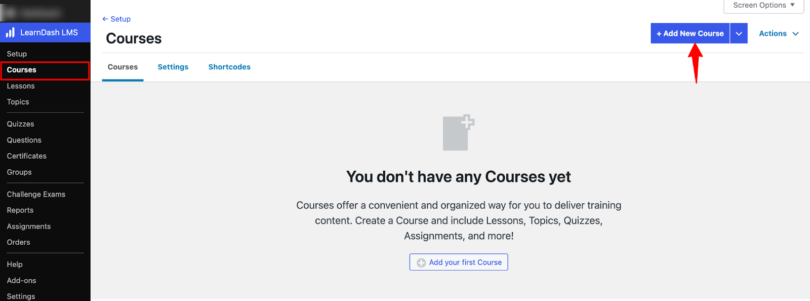 LearnDash Add New Course screen in WordPress admin dashboard