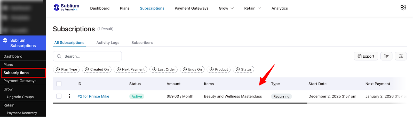 Sublium subscriptions list showing active user subscriptions