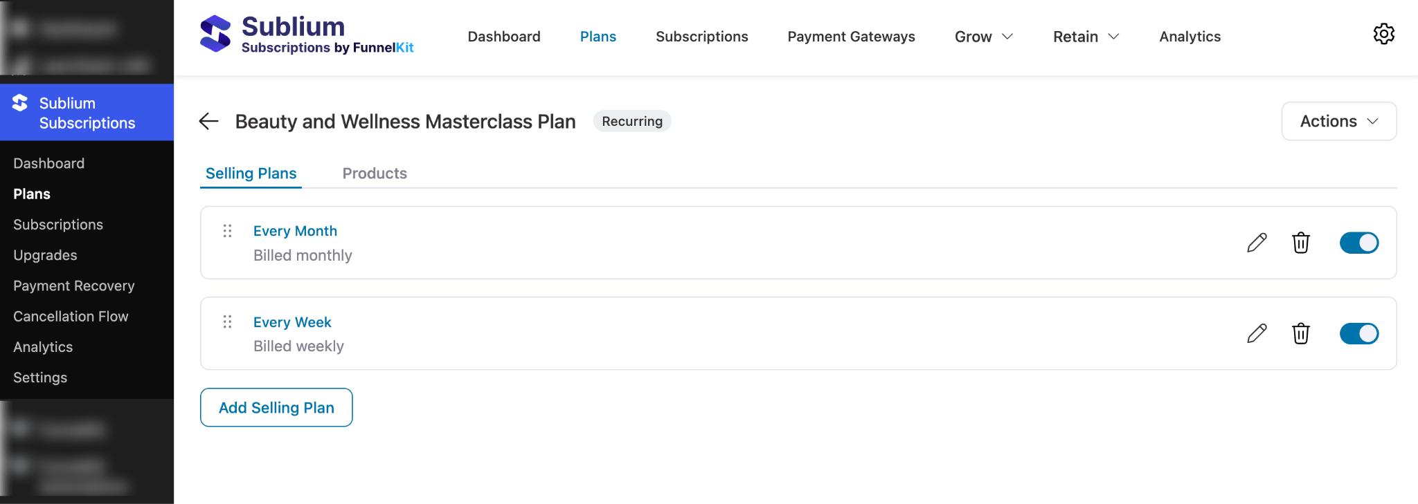 Creating recurring subscription plan in Sublium Subscriptions dashboard