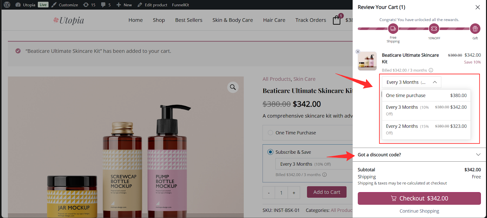 Cart management options for subscription and one-time purchase