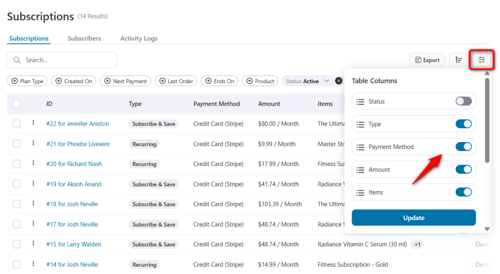 Turn off the toggle to hide the data such as status, subscription type, payment method, items, start date, next payment date, order placed, and more from your CSV file