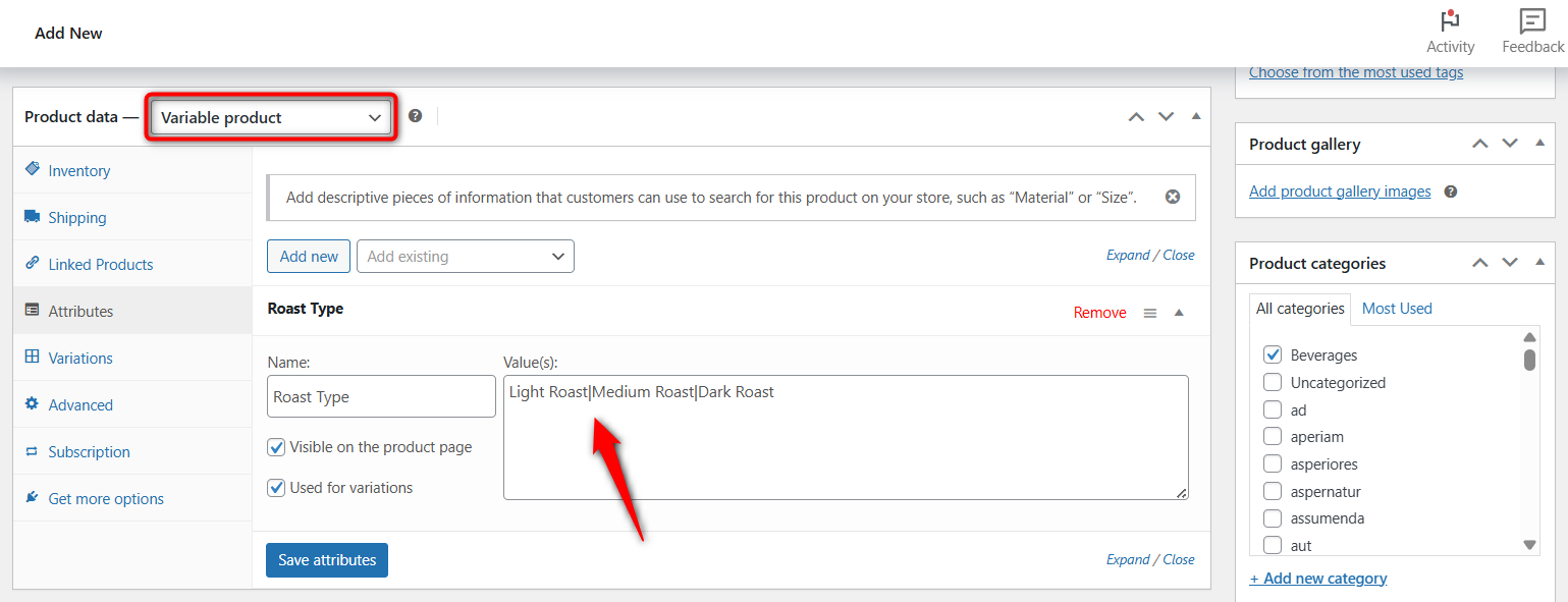 Create variable product and set attributes 