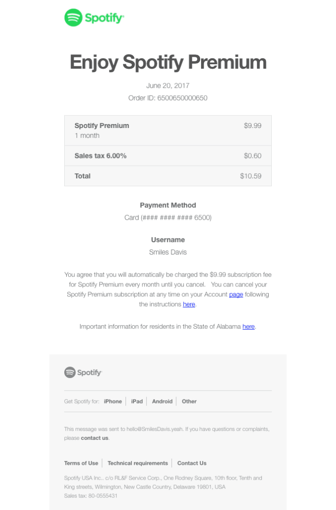 Spotify real life example of Susbcription email notification - Sublium Spotify real life example of WooCommerce Subscription Email Notifications