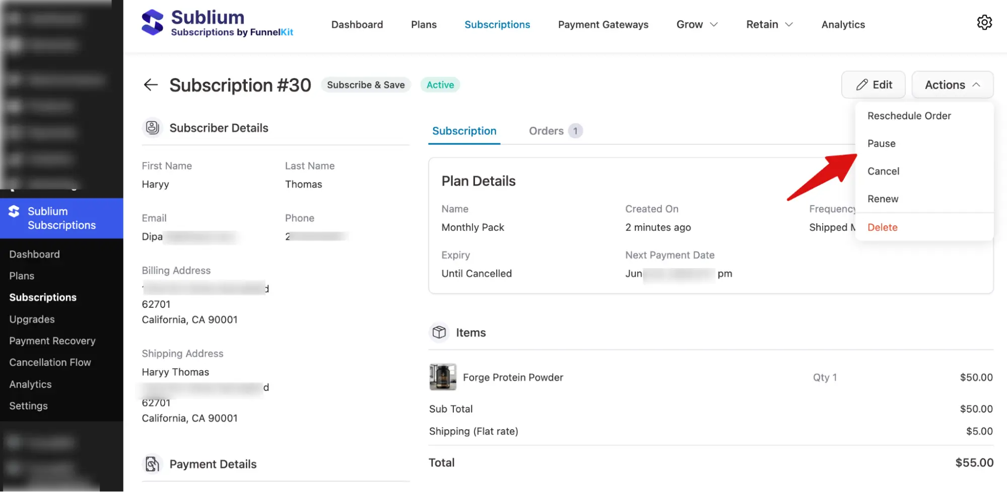 admin actions for subscriptions