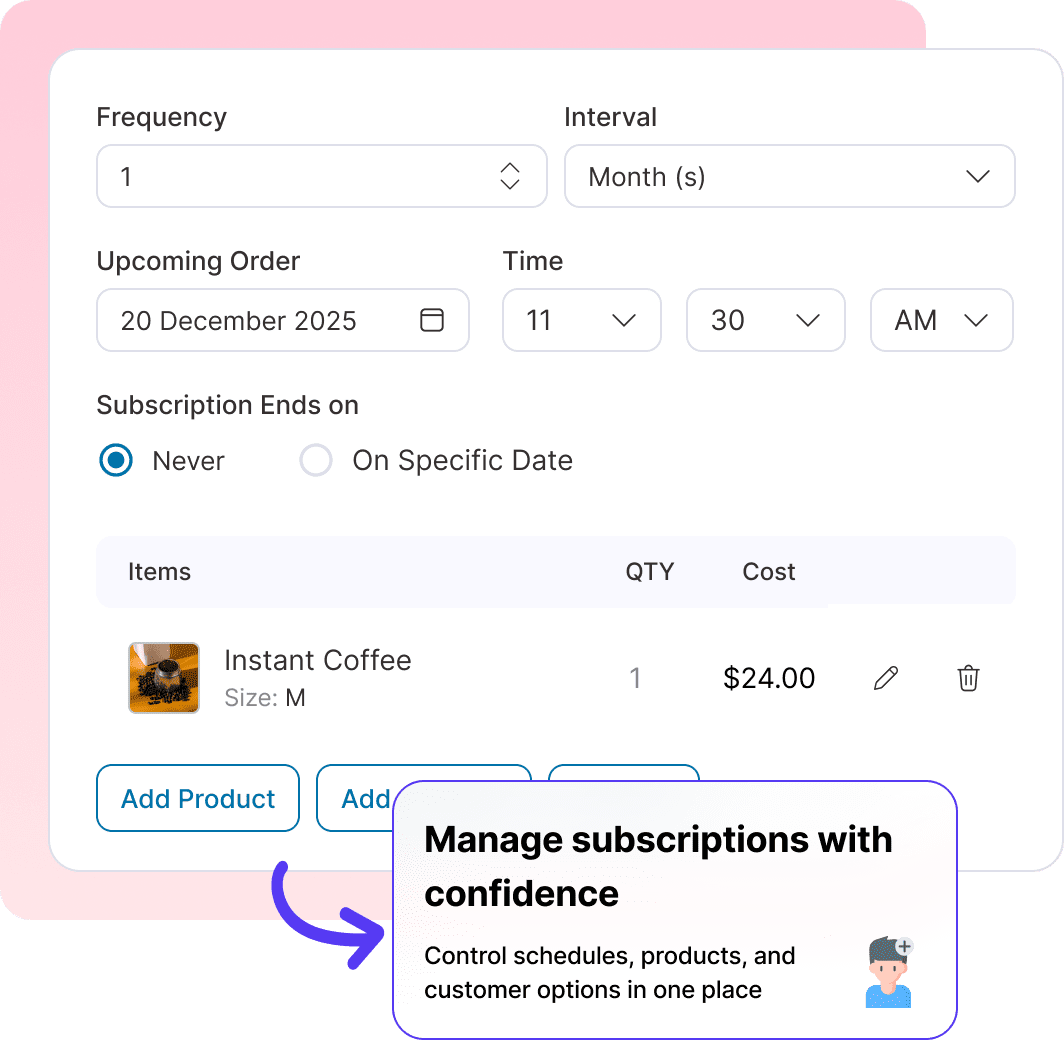 Subscription management panel with controls for frequency, interval, next order date/time, and an item row for Instant Coffee on a light card.