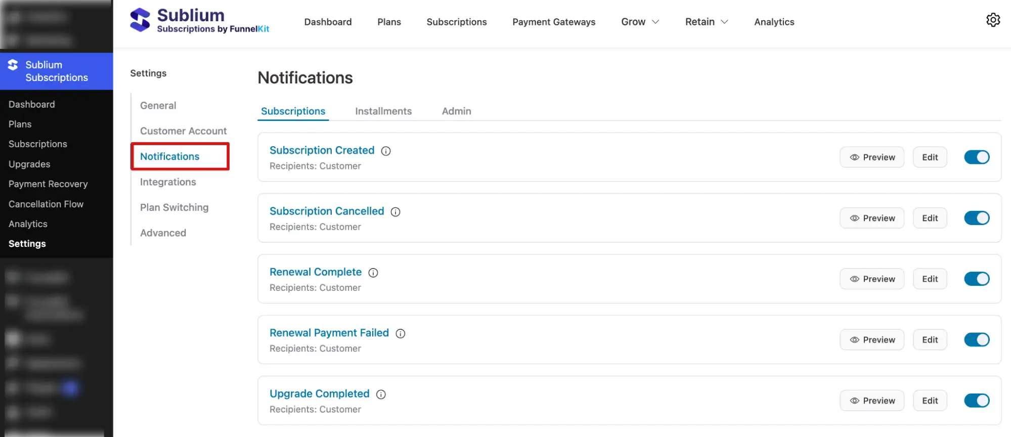 email notifications for Subscriptions