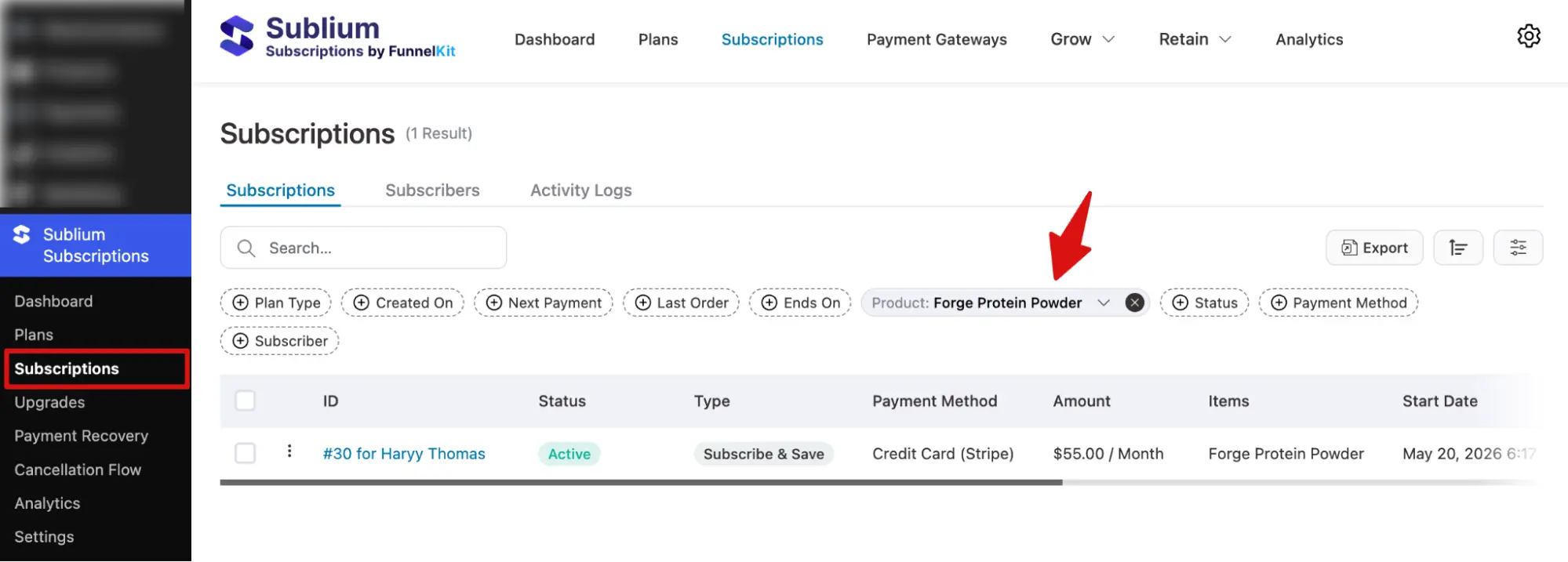 filter all subscriptions by products
