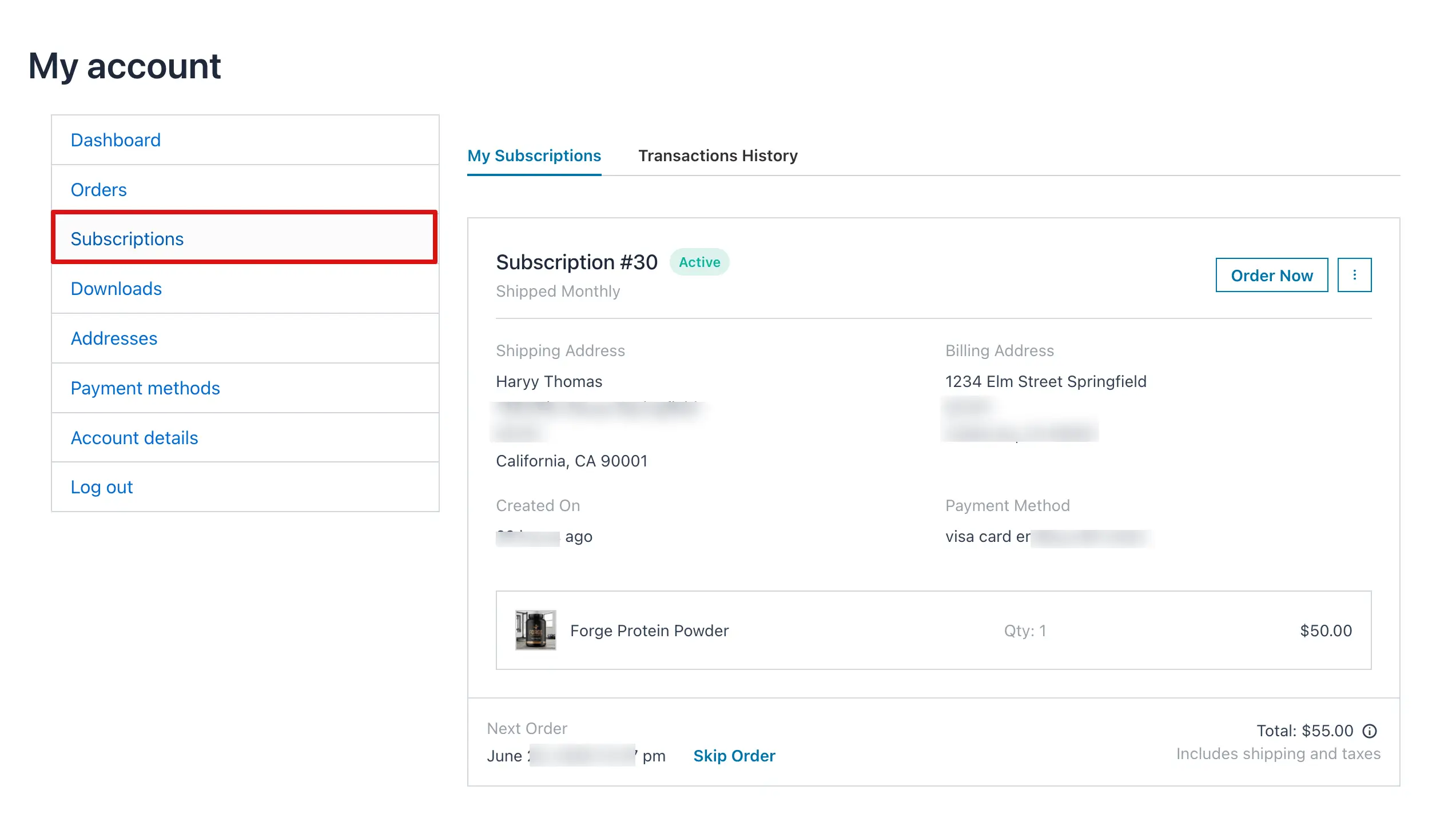 my account subscription page