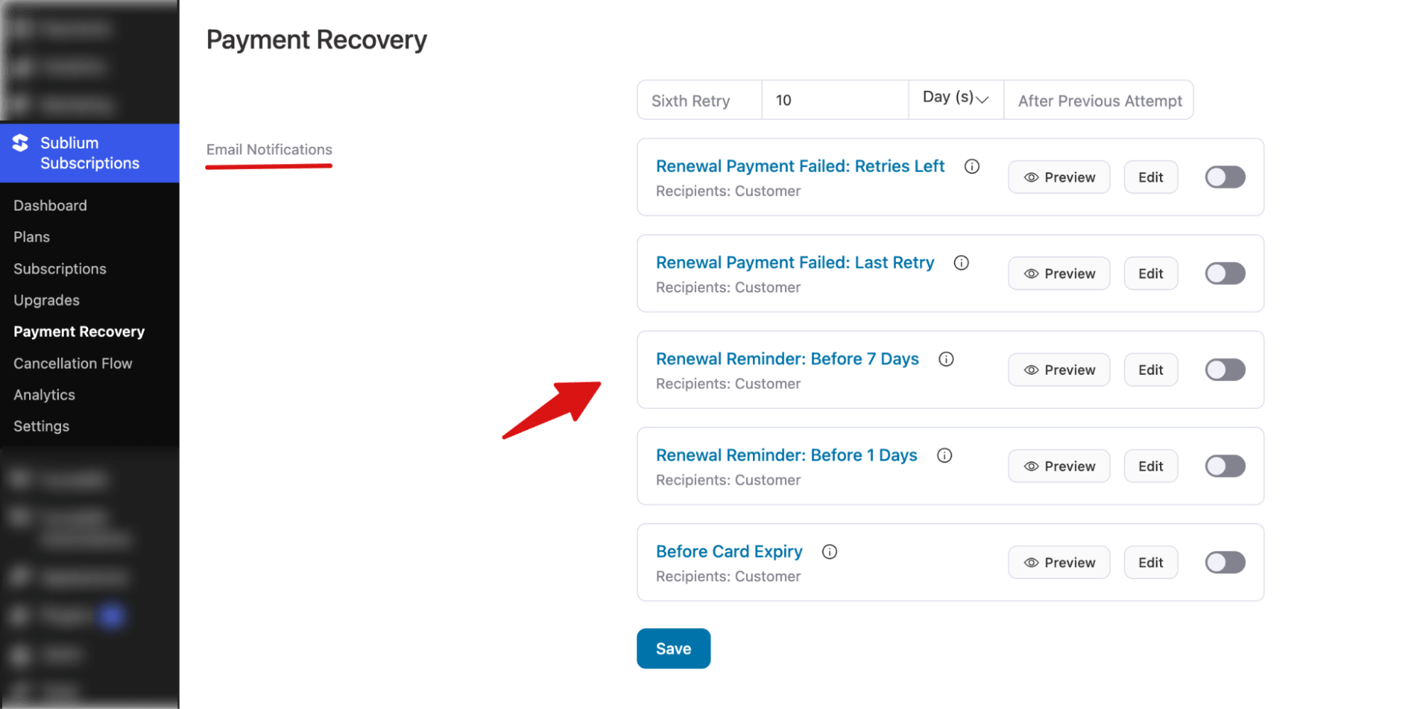 naviagte to payment recovery email notifications - Sublium navigate to payment recovery email notifications