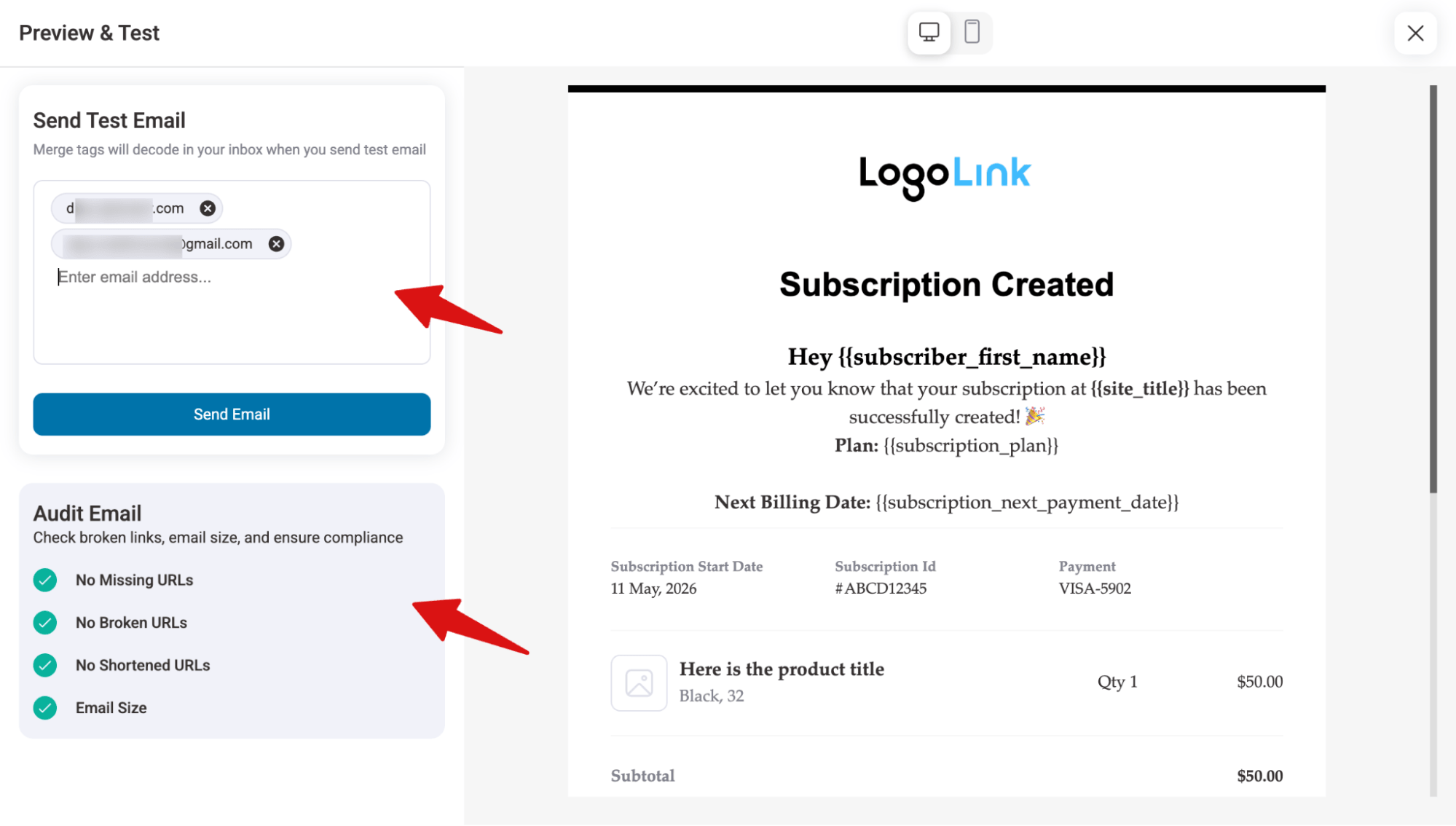 preview audit and send test emails - Sublium preview audit and send test emails
