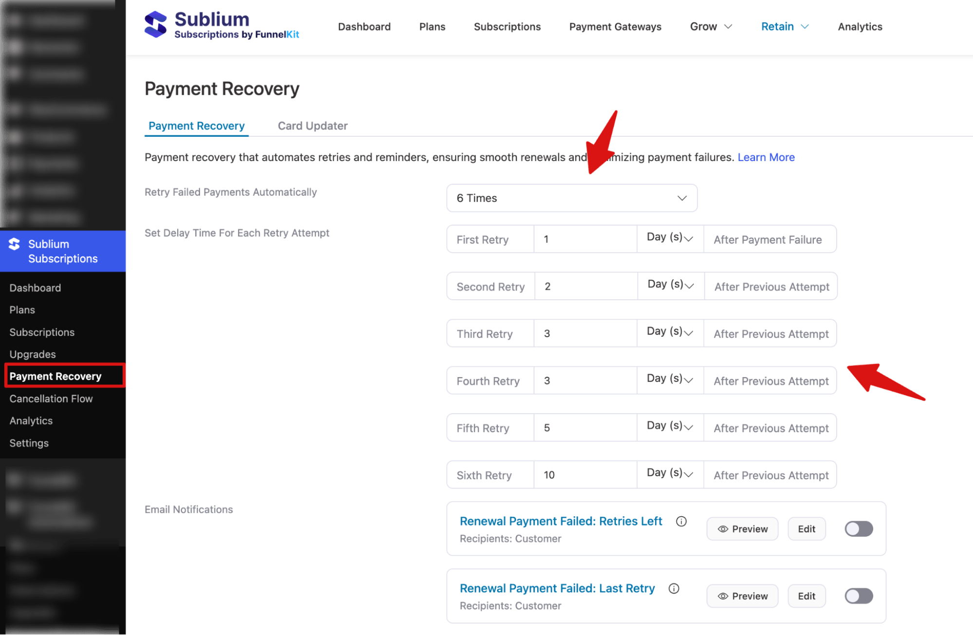 set up failed payment retry options - Sublium set up failed payment retry options