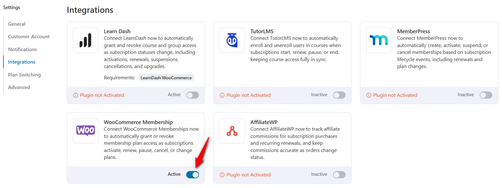 activate-woocommerce-memberships-inside-sublium-integrations - Sublium enable the woocommerce memberships and integrate with Sublium