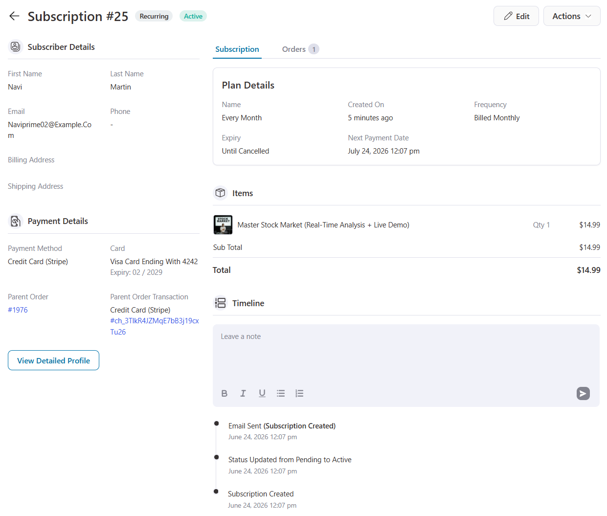 complete-subscription-profile-sublium-woocommerce - Sublium Dashboard view of Subscription #25 showing subscriber details, plan details, items, and timeline on the right panel.