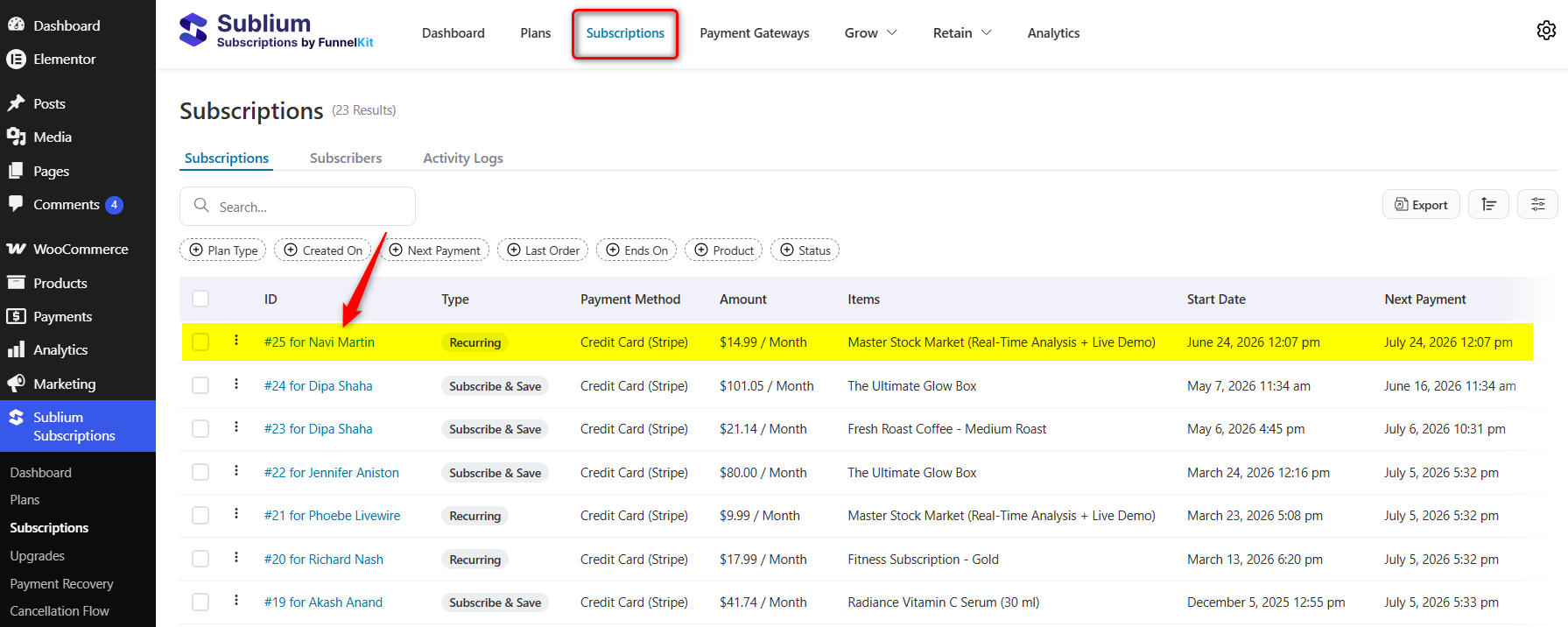 view-subscription-plans-memberships-woocommerce - Sublium See subscription details such as ID, type, payment method, amount, items, start date and expiry